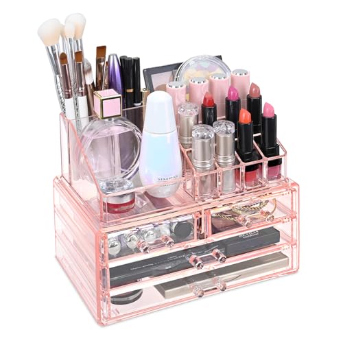 Ikee Design Pink Jewelry & Cosmetic Storage Display Boxes Two Pieces Set, Pink Cosmetic Jewelry Organizer Makeup Holder, Organizer for Vanity