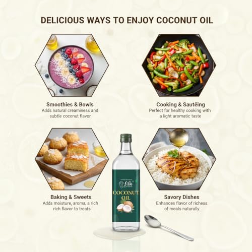 Image of LILA DRY FRUITS Pure Coconut Oil 1 Litre 1.5 L (500 ML x 2) for Cooking & Eating | Edible Cold Pressed Oil for Daily Use | Kachi Ghani Lightweight Natural Cholesterol Free Nariyal ka Tel for Indian Food, Baking & Frying