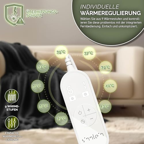 sinnlein® Heizdecke aus Plüsch 180 x 130 cm | elektrische Wärmedecke mit Abschaltautomatik | Kuscheldecke | Timerfunktion | 9 Temperaturstufen | waschbar bis 40°C | Digitalanzeige