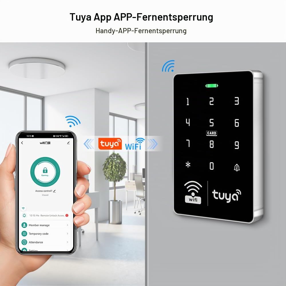 Drahtlos WiFi Tuya Tür Kits Zugangskontrollsysteme 125KHz 13.56MHz IP68 wasserdichte Touch RFID Tastatur und DC12V3A Netzteil 15pcs Keyfobs, Ohne Elektrische Schlösser