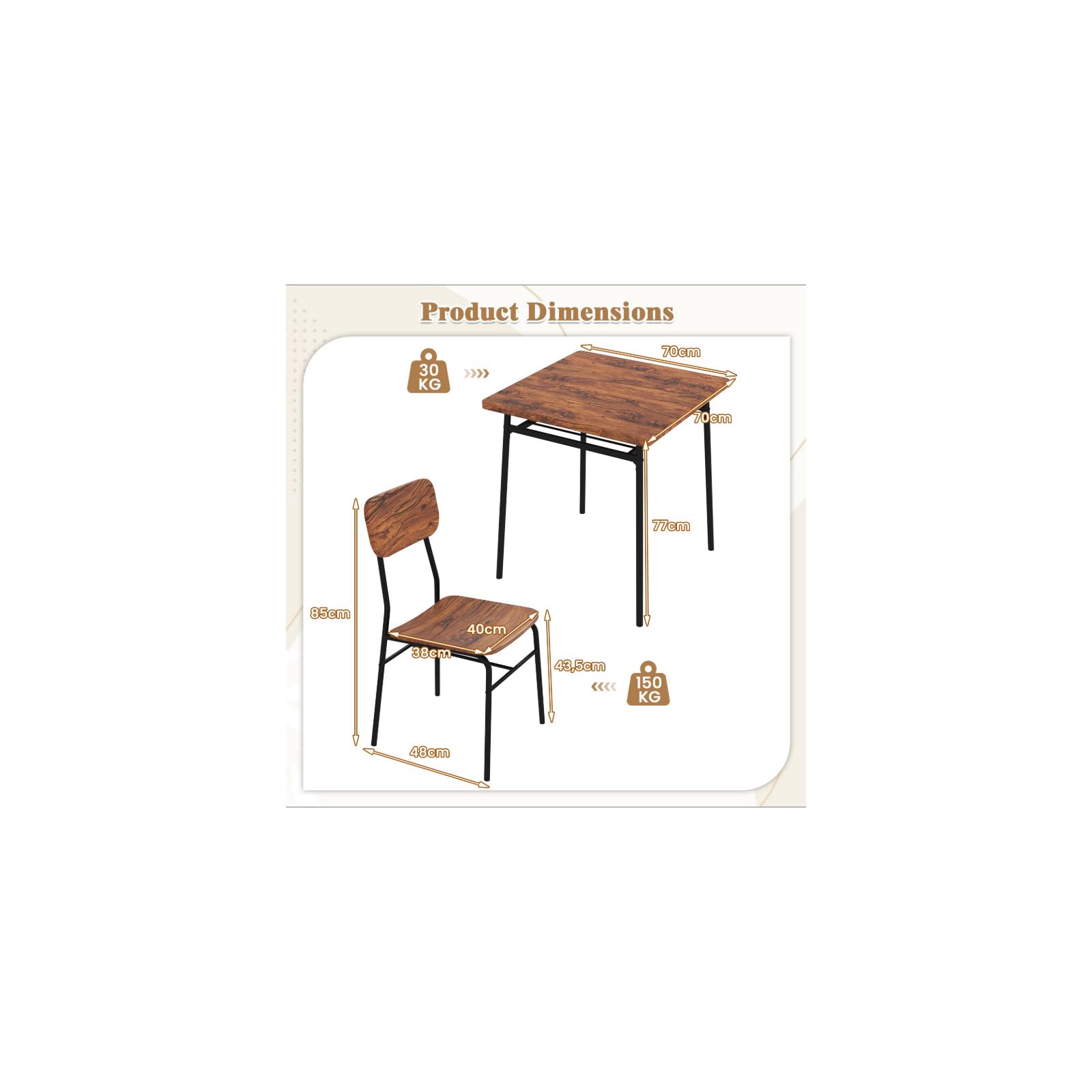 GIANTEX Esstisch mit 2 Stühlen, Essgruppe für 2 Personen, 70 x 70 cm Küchentisch Esszimmertisch mit Ablageregal, Esszimmergruppe mit Metallrahmen, Küchenbar Sitzgruppe (Industriebraun)