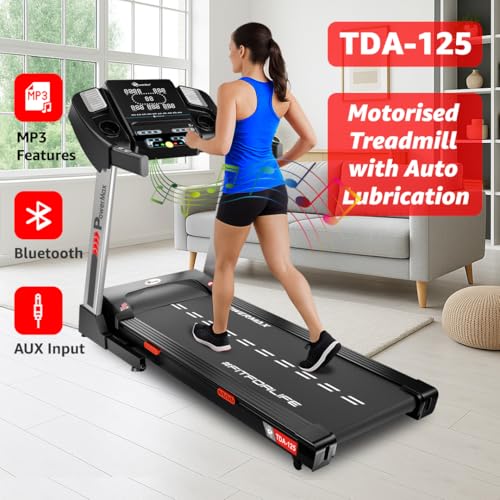 Image of PowerMax Fitness TDA-125 5.0HP DC Motorized Treadmill with Auto Incline, Max User 130kg, Running Deck 1300x460mm Vertically Foldable Machine, Top Speed 18km /hr, LED Display, ipad & Mobile Holder