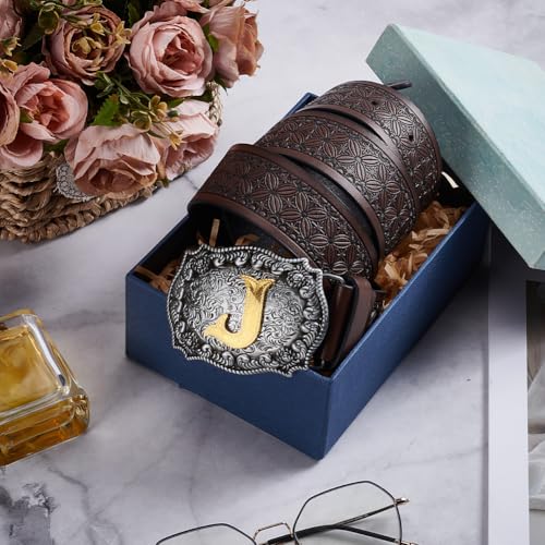 1.2 Yards×1.46 Inch Western Cowboy PU Leather Belt Initial Letter J Buckle Cowgirl Floral Engraved Leather Belt Coconut Brown Rodeo Waist Strap for Men Women Jeans Christmas Gifts3