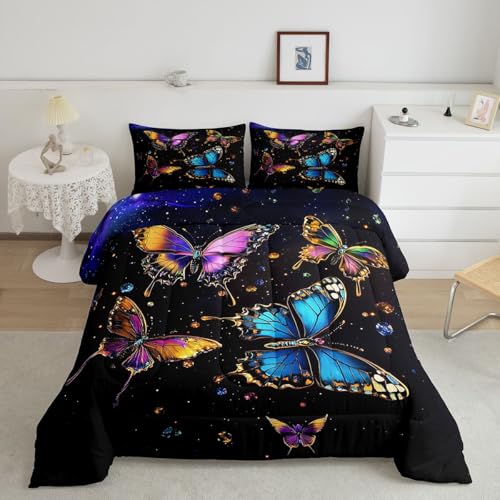 Image of Erosebridal Colorful Butterflies King Size Comforter Set for Kids Teens Adults,Dreamy Starry Sky Bedding Sets,Outer Space Galaxy Duvet Insert,Garden Wildlife Quilt Bedroom Decor