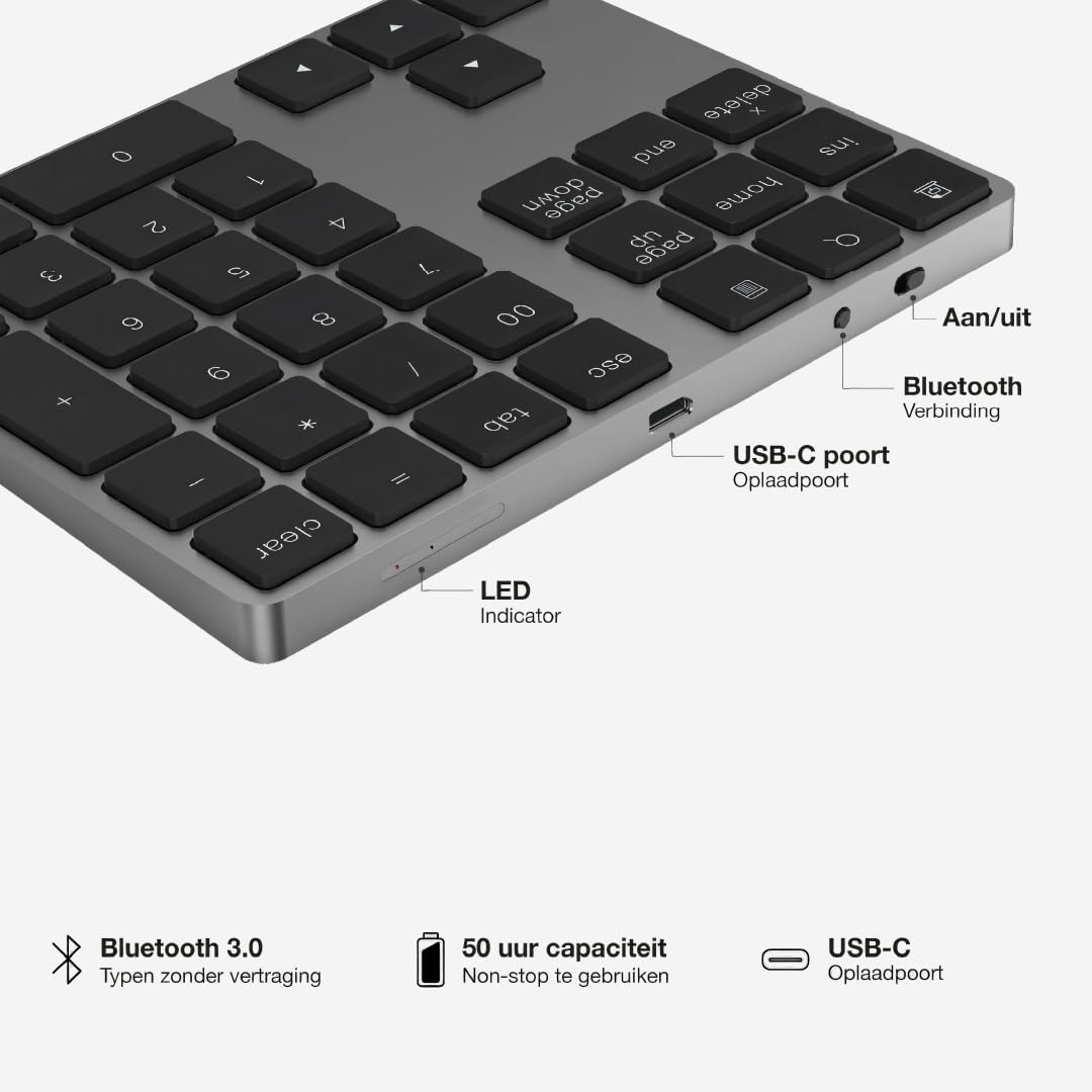USB-C Bluetooth Numerische Ziffernblock – Kabelloses NumPad, Wiederaufladbare Numerische Tastatur für Laptop, Tablet, iPad, MacBook, Windows, Grau (Space Gray)