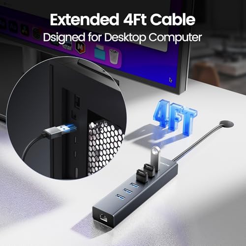 Image of 4FT USB to Ethernet Adapter, 7-in-1 USB Hub 3.0 Multiport Adapter with Ethernet 1Gbps & 6 USB 3.0 Port, USB Ethernet Adapter for Desktop, Laptop, MacBook, XPS Windows
