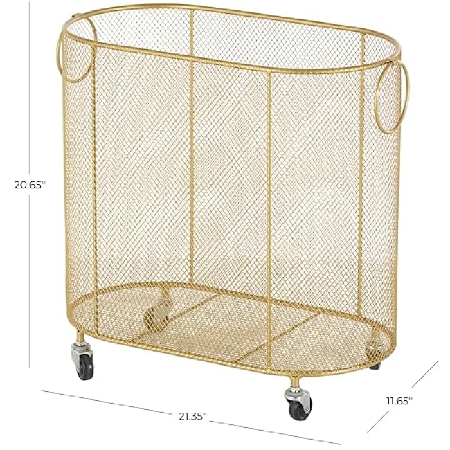 Deco 79 Metal Storage Cart Oval Mesh Wire Rolling Laundry with Ring Handles, 21 x 12 x 21, Gold-JiBCK9gT
