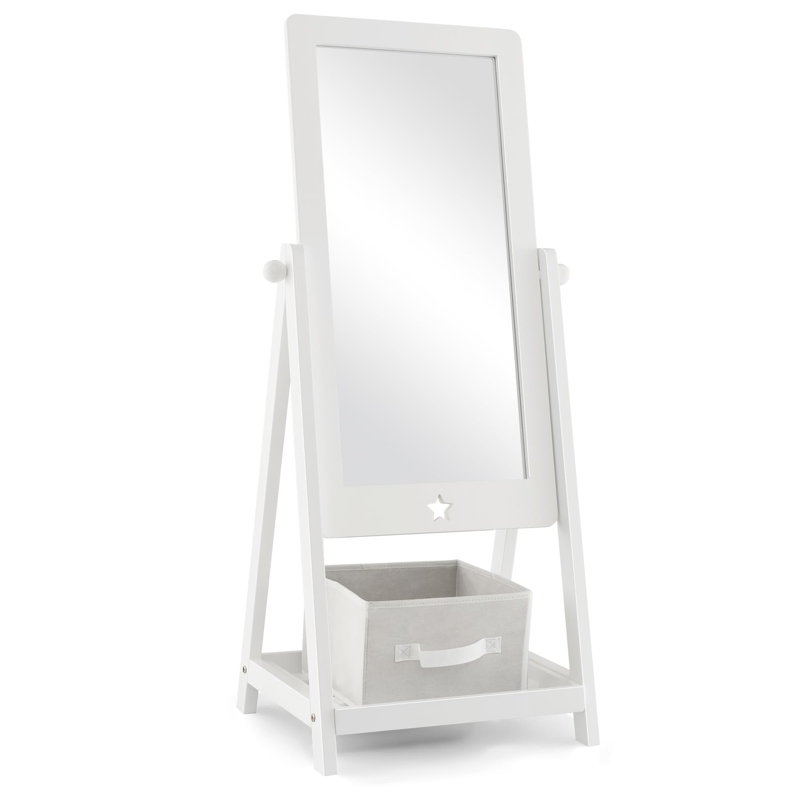 COSTWAY Specchio da Terra per Bambini in Legno con Scaffale Contenitore, Specchio per Cameretta Girevole con Cesto Ripiegabile, 45 x 40 x 112 cm, Bianco