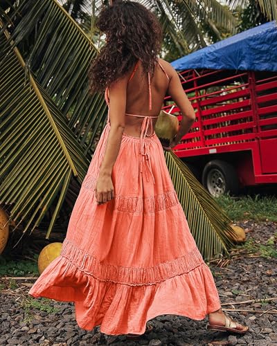 Image of VIUTIL Flowy Maxi Dress for Women Summer Cotton Backless Beach Long Dress with Pockets 2026