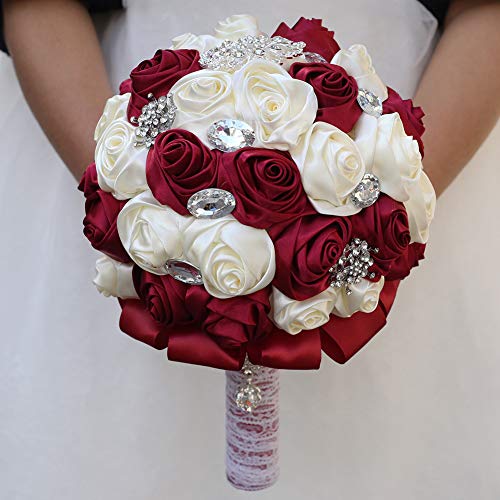 Ramo de boda romántico hecho a mano, ramos de novia, dama de honor, ramo de flores de seda con diamantes de imitación, decoración de Ramos de Novia (rojo vino)
