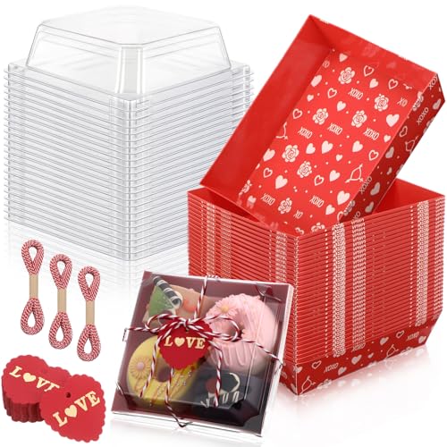 Teecyhooo 25 Pcs Valentine's Day Charcuterie Boxes with Clear Lids, Rope and Tags, 5.3 x 5 Inch Disposable Paper Treat Boxes for Cake, Cookie, Dessert, Sandwich, Bakery and Party Favors (Red) by Teecyhooo - Used condition - US$9.36