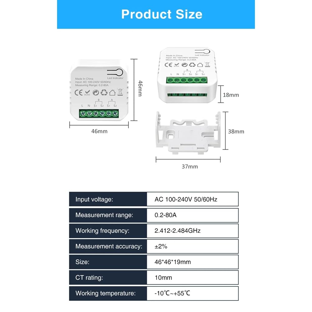 Medidor de Energía Digital Inteligente Tuya WiFi, Transformador de Corriente de 80 A, Monitor de Consumo de Producción de Energía Solar Fotovoltaica, 2 CT