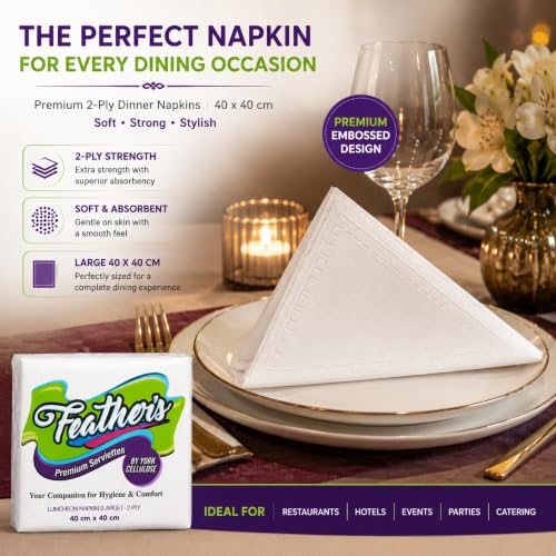 Image of Feather's Premium Tissue Paper Napkin | 2Ply, 50 pulls per pack, Pack of 3, 40 X 40 cm | Naturally White, Super Strong & Absorbent | Extra Soft Luncheon Paper Napkin | Best for Serving & Daily Use