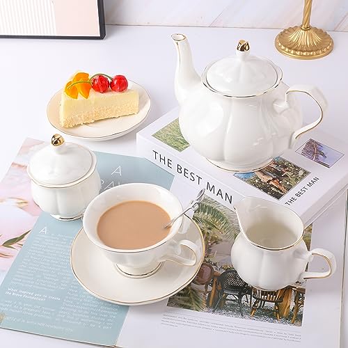 CHENP.HMC Tea Set 22-Piece Porcelain Ceramic Coffee Tea Gift Sets Cups Saucer Service for 6 Teapot Sugar Bowl Creamer Pitcher and Teaspoons (WHITE3) by CHENP.HMC - Image 5