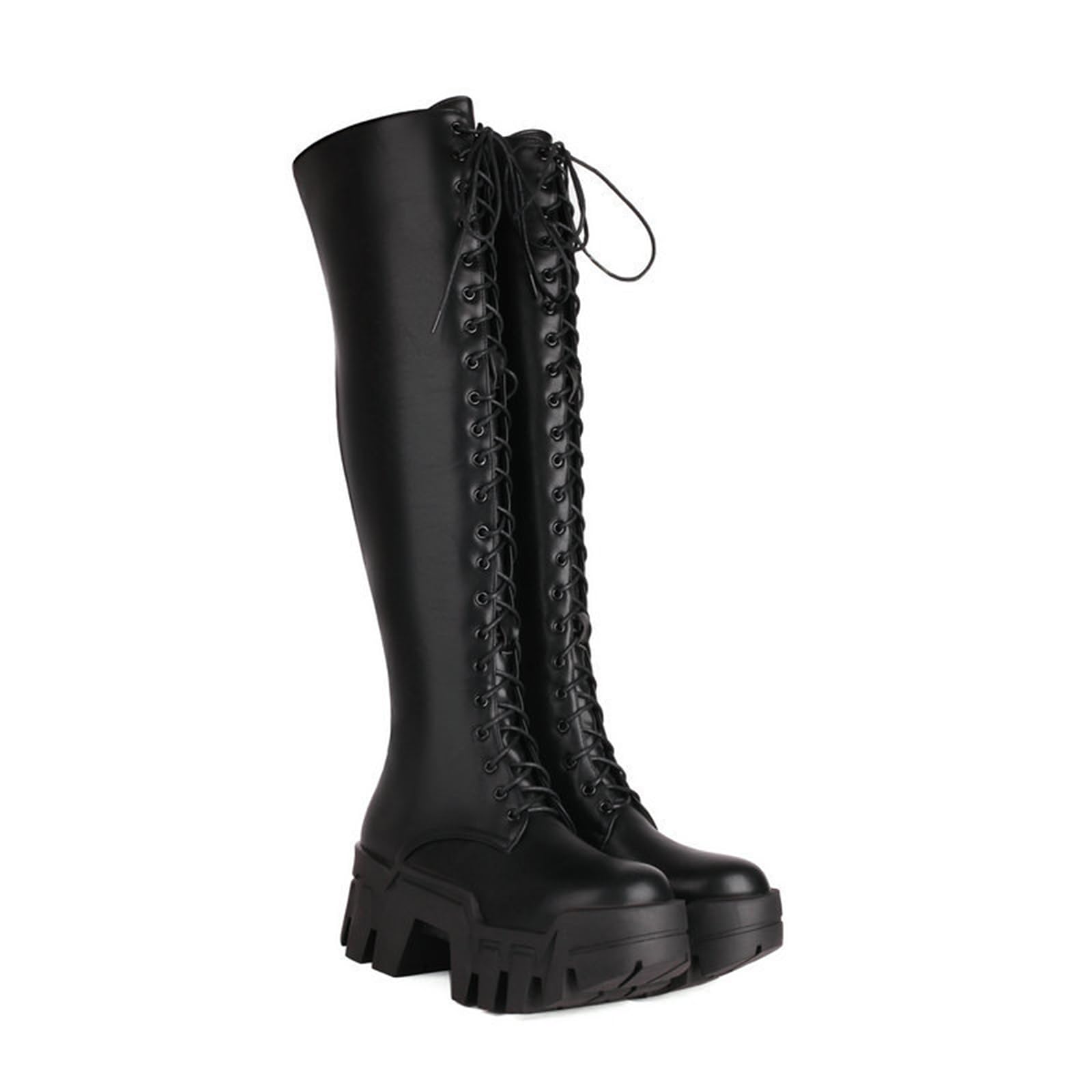Botas Altas hasta la Rodilla para Mujer Plataforma Grueso Tacón Botas largas Cremallera con Cordones Botas de Combate de Motocicleta