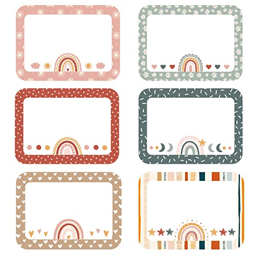 Image of Whaline 144Pcs Boho Rainbow Name Tag Stickers Back to School Boho Classroom Decor 6 Styles Multipurpose Nametags Adhesive Desk Cubby Labels for School Office Teachers Students, 3.5 x 2.6 Inch