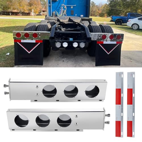 Image of Stainless Steel Mud Flap Hanger Set, 2.5 inch Bolt Spring, 2-1 /2 inch Bolt Spacing 30 inch Length Rear Bar with Circle Light Cutouts, Loaded with Aluminum Reflective Tapes for Semi Trucks
