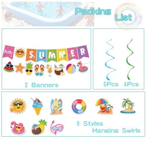 Image of Summer Party Decorations - Pre-Strung Hello Summer Banner and Hanging Swirls Beach Party Decor for Home Office Classroom