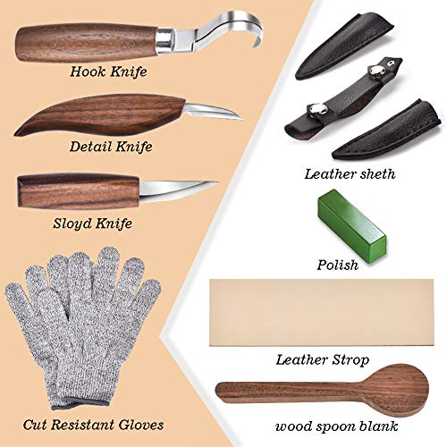 Waycom 12Pcs Wood Whittling Kit Wood Carving Tools Set Hook Carving Knife,Detail Wood Knife,Whittling Knife Cut Resistant Gloves Leather Sheath And Bamboo Gift Box For Spoon,Bowl,Cup #TOP2