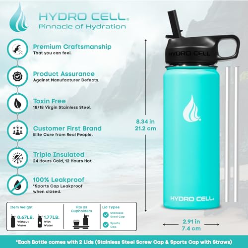 Image of HYDRO CELL Stainless Steel Sport Water Bottle with Straw - Keeps Drinks Cold & Hot via a Leak Proof Metal Triple Insulated Vacuum Flask for All Sports and Outdoors Activities (Teal 18oz)