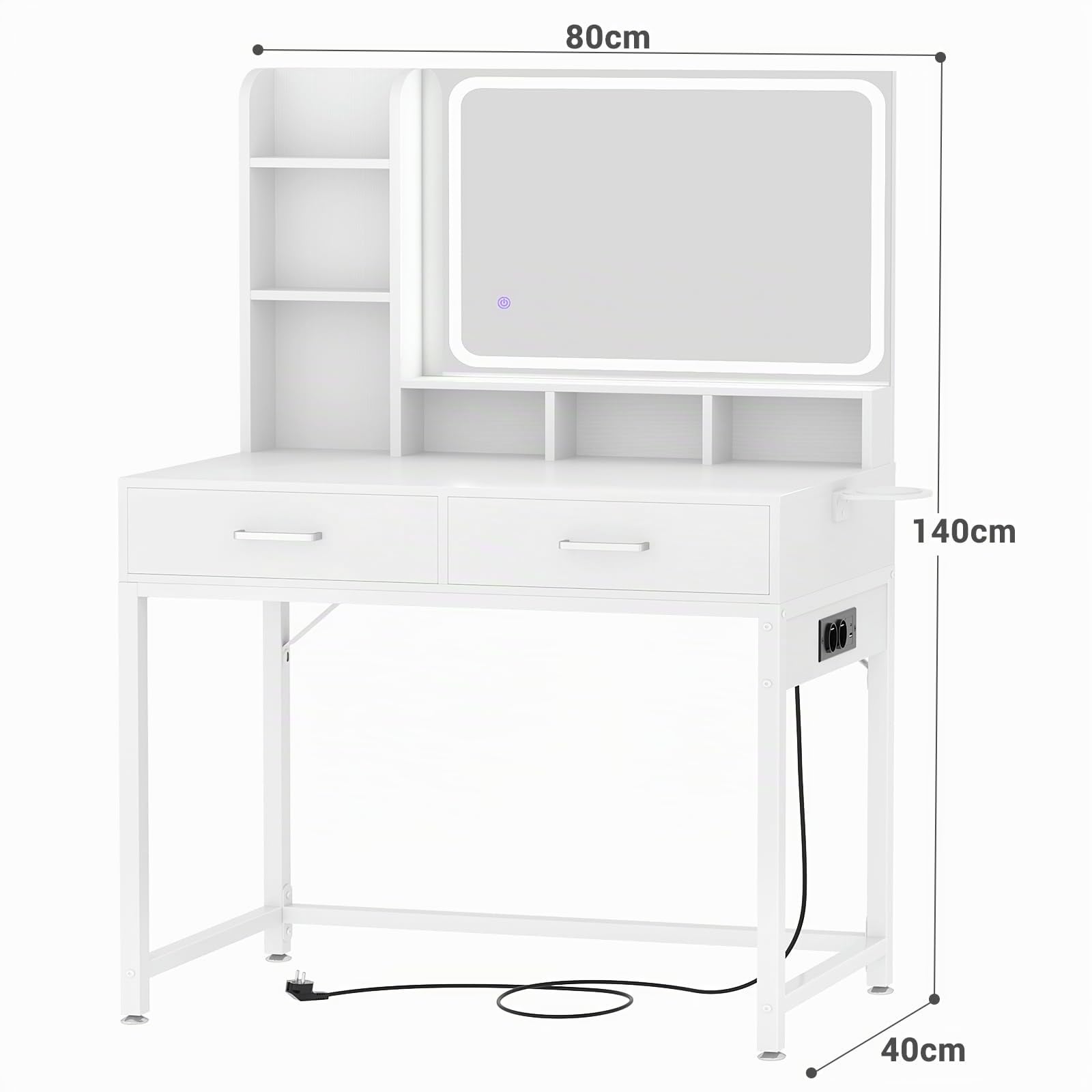 iSunirm Moderno Toeletta da Trucco con Specchio e Luce LED,Toeletta con 2 Cassetti e 1 Scaffali,Tavolo da Toeletta con Presa Elettrica,Adatto per Camera da Letto e Soggiorno,Bianco