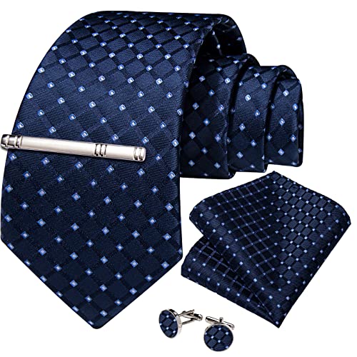 Image of DiBanGu Plaid Ties for Men Silk Checkered Necktie and Pocket Square Cufflinks Tie Clip Set with Gift Box for Wedding Business