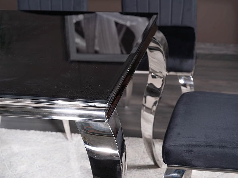 Table à Manger en Verre - Noir Et Argenté - 6 Couverts - L 150 Cm H 75 Cm X P 90 Cm
