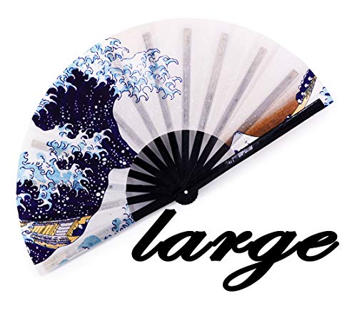 meifan Folding Fans Large Rave Hand Fan for Men Women, 13-Inch Chinese Japanese Bamboo Handheld Fan for Dance, Gift, Performance, Decorations, Music Festival, Party, Club - Clack Fan (Sea Wave)