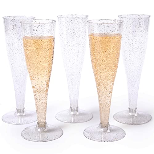 Plastic Champagne Flutes Disposable 100 Pack Silver Glitter Plastic