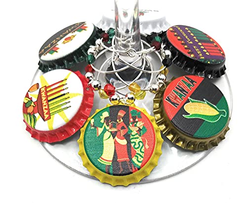 Kwanzaa Wine Charms, Kwanzaa Gifts, Kwanzaa Party Supplies, African Wine Charms, Kwanzaa Glass Tag Identifiers, Kwanzaa Glass Markers, Bottle Cap Wine Charms - 6 Pack