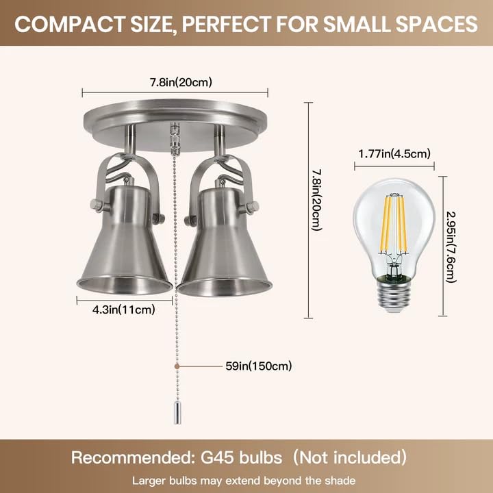 Image of 2-Light Brushed Nickel Pull Chain Light Fixture, Ceiling Light with Pull Chain, Adjustable Flush Mount Lighting for Kitchen, Closet, Hallway