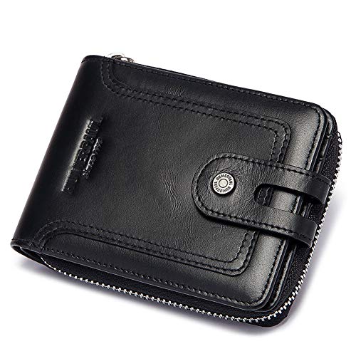 Image of Men's Leather Wallet with RFID Blocking - Bifold Zipper Wallet with Coin Pocket & 14 Card Slots (Black)