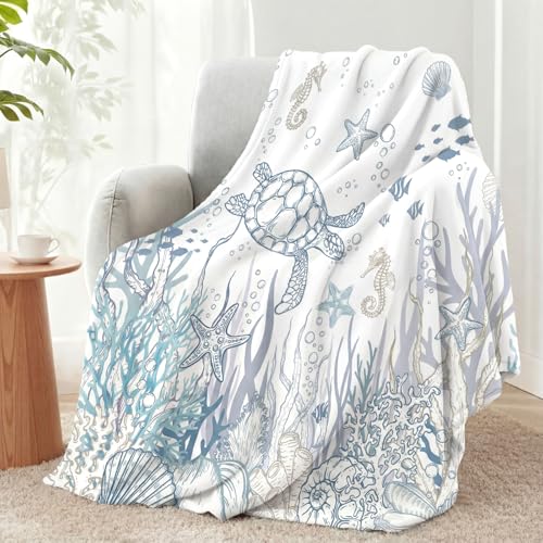 Hahafelt Coastal Sea Turtle Throw Blanket Nautical Beach Fleece Blanket Blue White Ocean Blankets for Couch Bed Tropical Cozy Soft Throw Decoration Warm Gift for Summer 50 x 60 Inches