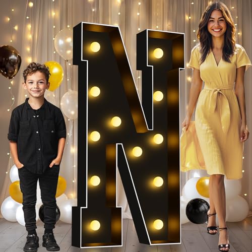 Image of Pooqla 4FT Marquee Light Up Letters, Black Large Letter N Party Decorations | LED Marquee Letters 4 Feet Tall, Black Giant Mosaic Letters Gift for Boys Men Birthday Anniversary Wedding Decoration