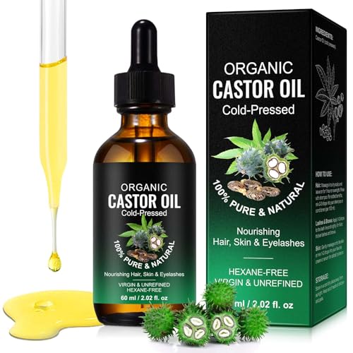 Aceite de Ricino Orgánico 60ml | Prensado en Frío | 100% Puro y Natural | Sin Hexano | Virgin y Sin Refinar | Para Cabello, Piel, Uñas y Cuero Cabelludo | Vegano y Cruelty-Free