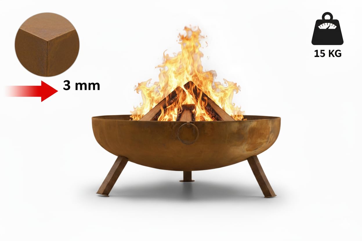 Feuerschale Cortenstahl 64 cm - 3mm Stahl, 15 kg - Rund, Wetterfest, Edelrost-Patina - Massive Feuerstelle für Garten und Terrasse - Favilla