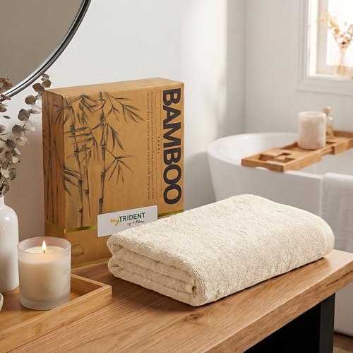 Image of MYTRIDENT Cotton Bamboo Towels for Bath Large Size | Soft & Absorbent | Anti-Microbial & Anti-Odour | 450 GSM | 1 Piece Bath Towel for Men /Women - Beige
