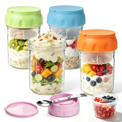 Image of Overnight Oats Containers with Lids & Spoon 4 Pack 16oz, Leak-Proof Glass Over night Oat Jars with Divided Compartments for Fruit & Nuts, Meal Prep Mason Jars for Oatmeal Yogurt Chia Seed Pudding