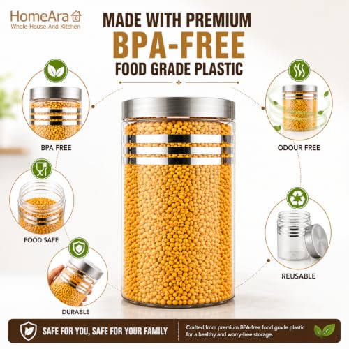 Image of Plastic Pet Storage Jar and Container, Set of 16 (4 ps x 250ml, 4 ps x350ml, 4 ps x 650ml, 4 ps x 1200ml) With Spoons Air Tight Kitchen Organiser Improved Model Silver line Printed