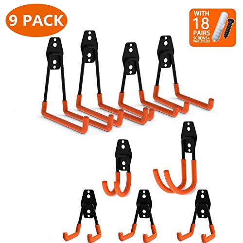 MinCHI257 9 PCS Garage Hooks and Hangers Steel Tool Storage,Utility Double Hooks,Heavy Duty for Organizing Power Tools,Laddy,Bulk Items,Wall Mount Tool Holder for Home Chair Ladder,Bike Hanger