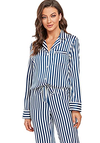 Image of Serenedelicacy Women's Satin Pajama Set Long Sleeve Button Down Sleepwear 2-Piece Silky Pj Set