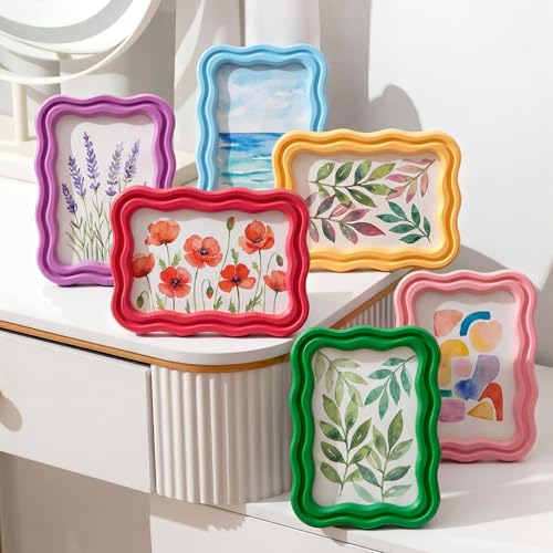Image of Vicenpal 6 Pack 4 x 6 Inch Scalloped Picture Frame Vintage Curved Funky Decorative Picture Frame for Desktop Wall Display Home Decor Gift Aesthetic Art Design (Rainbow Colors)