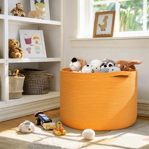 Image of MEGASKET Extra Large 115L Orange Basket, 23.6 inchx15.7 inch Woven Cotton Rope Bins for Blankets, XXXL Baby Nursery Laundry Towel Basket, Oversized Kids Dog Toy Storage Box, Orange Living Room Decor Organizer