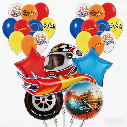 Hot Car Balloons Racing Car Theme Birthday Balloons Set Helmet and Tire Foil Balloons with Checkered Flag Pattern Kids Sports Party Decorations for Boys Red Blue Yellow Latex Balloon Bundle