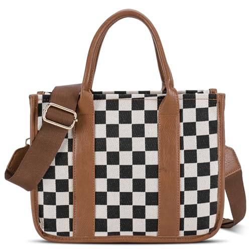 Checkered Crossbody Bag for Women,Canvas Work Tote Handbags Checkered Purse Black and White Purse with Top-handle 2025