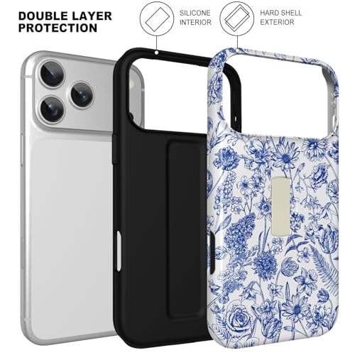 Image of Magnetic for iPhone 17 Pro Max Case with Finger Strap Kickstand [Compatible with Magsafe] Cute Flower Floral Pattern Design, Dual-Layer Shockproof Protective Cover for Women Men, Blue