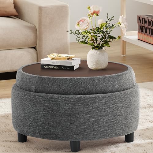 COLAMY Fabric Round Storage Ottoman with Reversible Tray Lid &ndash; Multi-Functional Footrest, Hidden...