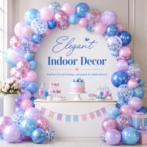 Image of Pink and Blue Balloon, 50Pcs 12 Inch Pastel Pink Blue Purple Confetti, Royal and Metallic Confetti Balloons for Birthday, Baby Shower, Gender Reveal Supplies