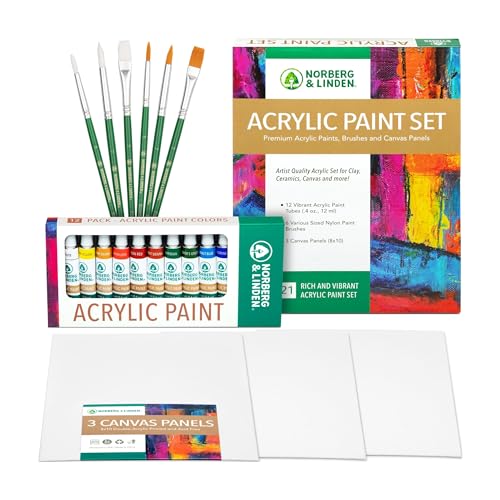 Norberg & Linden Acrylic Paint Set -12 Acrylic Paints, 6 Paint Brushes for Acrylic Painting, 3...