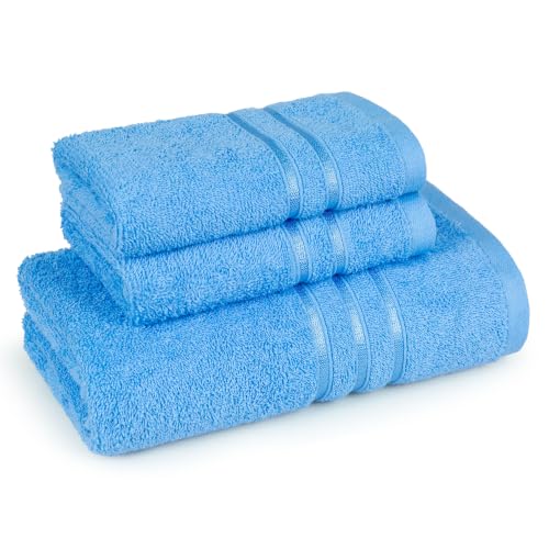 Image of MYTRIDENT Towel Set| Comfort Living | Quick Drying | Travel Friendly | for Men /Women | 3 PC Towel Set | 1 Bath (70 cm x 140 cm) 2 Hand (40 cm x 60 cm) | 100% Cotton 400 GSM - Ocean Blue